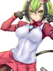 Rule 34 | 10s, 1girl, arms up, black hair, black pantyhose, breasts, cable, cable tail, collared shirt, covered navel, cowboy shot, dimension w, double v, fi-san, green hair, grin, headgear, large breasts, linea alba, long sleeves, mechanical tail, multicolored hair, pantyhose, red shirt, red skirt, shirt, short hair, skindentation, skirt, smile, solo, streaked hair, tail, teeth, thigh strap, transparent background, v, vest, white vest, wing collar, yurizaki mira