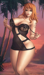 Rule 34 | 1girl, blurry, blurry background, bra, bra pull, breasts, cleavage, clothes pull, flowerxl, large breasts, lingerie, nami (one piece), one piece, orange hair, orange sky, palm tree, sky, tattoo, tree, underwear