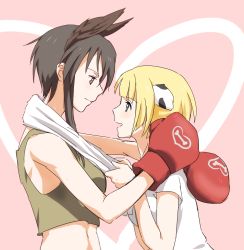 Rule 34 | 2girls, animal ears, bad id, bad pixiv id, black hair, blonde hair, blue eyes, blush, boxing gloves, breasts, couple, dominica s. gentile, eye contact, head wings, hug, jane t. godfrey, kisetsu, looking at another, multiple girls, open mouth, short hair, sidelocks, strike witches, strike witches: kurenai no majo-tachi, tank top, towel, uniform, very short hair, wings, world witches series, yuri