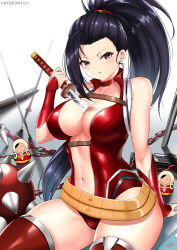 Rule 34 | 1girl, alternate hair length, alternate hairstyle, arm support, ball and chain (weapon), bare shoulders, between breasts, black hair, blush, boku no hero academia, breasts, center opening, chain, check commentary, choker, cleavage, collarbone, commentary request, cowboy shot, cyicheng, flail, hair pulled back, hair tie, holding, holding sword, holding weapon, human scabbard, large breasts, leotard, long hair, looking at viewer, matryoshka doll, morning star, navel, parted lips, patreon username, ponytail, pulling, red choker, red eyes, red leotard, red thighhighs, shadow, sidelocks, signature, sitting, skindentation, solo, spiked ball and chain, sword, thighhighs, vambraces, very long hair, weapon, weapon request, white background, yaoyorozu momo
