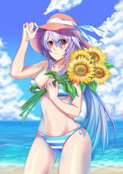 Rule 34 | 1girl, absurdres, bad id, bad pixiv id, beach, bikini, blue hair, blue sky, blush, bouquet, breasts, caffein, cleavage, cloud, collarbone, cowboy shot, day, flower, gradient hair, hand on headwear, hat, highres, holding, horizon, large breasts, light purple hair, long hair, looking at viewer, multicolored hair, ocean, outdoors, ponytail, red eyes, sand, side-tie bikini bottom, sky, smarms, smile, solo, standing, straw hat, string bikini, striped bikini, striped clothes, sunflower, swimsuit, very long hair, vocaloid, water, white hair, yowane haku