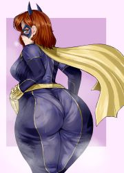 Rule 34 | 1girl, absurdres, artist request, ass, batgirl, batman (series), blue eyes, blush, bodysuit, breasts, brown hair, cape, dc comics, dc super hero girls, domino mask, embarrassed, from behind, gloves, highres, huge ass, large breasts, looking back, looking down, mask, medium hair, shiny clothes, sideboob, skin tight, solo, steam, steaming body, sweat