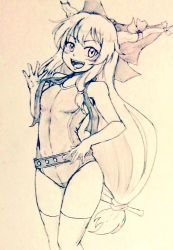 Rule 34 | 1girl, belt, breasts, commentary request, covered navel, cowboy shot, d-m (dii emu), eyelashes, greyscale, horns, ibuki suika, long hair, looking at viewer, monochrome, one-piece swimsuit, oni horns, scarf, small breasts, swimsuit, touhou, traditional media