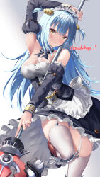 Rule 34 | 1girl, absurdres, apron, arm behind head, arm up, azur lane, bare shoulders, black bow, black bowtie, black dress, blue hair, blush, bow, bowtie, breasts, cleavage, commentary request, corset, detached collar, detached sleeves, dress, frilled dress, frills, garter straps, highres, holding, holding trident, holding weapon, leg up, legs, long hair, looking at viewer, maid headdress, makihige, medium breasts, neptune (azur lane), open mouth, polearm, see-through, shell hair ornament, signature, solo, standing, standing on one leg, staring, thighhighs, thighs, trident, very long hair, waist apron, weapon, white apron, yellow eyes