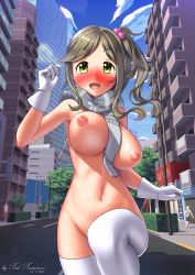 Rule 34 | 10s, 2018, 3girls, absurdres, blue sky, blush, breasts, building, cloud, dated, day, female focus, gloves, green eyes, hadaparuka, hair bobbles, hair ornament, highres, inuyama aoi, lamppost, large breasts, long hair, looking at viewer, multiple girls, navel, nose blush, outdoors, plant, road, running, scarf, shiny skin, side ponytail, sidewalk, signature, sky, solo focus, street, thighhighs, tree, unaligned breasts, white gloves, white legwear, yurucamp