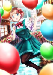 Rule 34 | 1girl, :d, bad id, bad pixiv id, balloon, blue eyes, blurry, boots, brown pantyhose, depth of field, flower, hair ribbon, high collar, knee boots, looking at viewer, open mouth, original, pantyhose, puffy short sleeves, puffy sleeves, railing, red hair, ribbon, satomi nori, short hair, short sleeves, skirt, skirt set, smile, solo, stream, town