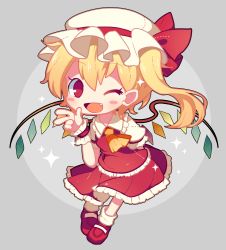 Rule 34 | 1girl, ascot, asp@juken, blonde hair, blush stickers, chibi, fang, flandre scarlet, full body, grey background, hat, hat ribbon, long hair, looking at viewer, miniskirt, mob cap, one eye closed, open mouth, red eyes, red footwear, red ribbon, red skirt, ribbon, shoes, side ponytail, simple background, skirt, skirt set, socks, solo, sparkle, touhou, vest, white hat, white socks, wings, wrist cuffs, yellow ascot