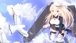 Rule 34 | 1girl, :o, bird, blonde hair, breasts, chaser (warship girls r), cloud, day, flight deck, hat, highres, ji dao ji, kneeling, large breasts, raised eyebrows, red eyes, seagull, solo, thighhighs, warship girls r, white thighhighs