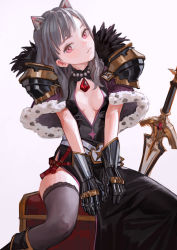 Rule 34 | 1girl, animal ears, armor, black dress, breasts, cat ears, cleavage cutout, closed mouth, clothing cutout, dress, feiqizi (fkey), fkey, gauntlets, gem, grey hair, grey thighhighs, head tilt, highres, looking at viewer, original, pauldrons, pink eyes, shoulder armor, signature, simple background, sitting, small breasts, solo, sword, thighhighs, weapon, white background