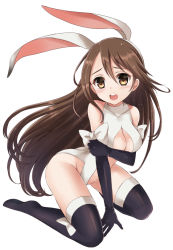 Rule 34 | 1girl, agnes oblige, animal ears, bad id, bad pixiv id, blush, bravely default: flying fairy, bravely default (series), brown eyes, brown hair, rabbit ears, covering privates, covering breasts, elbow gloves, gloves, harimoji, kneeling, long hair, looking at viewer, open mouth, rabbit girl, ribbon, solo, thighhighs, very long hair