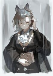 Rule 34 | 1girl, animal ears, arknights, ascot, aynoh, black coat, black jacket, black nails, blurry, blurry background, book, border, breasts, coat, commentary, cropped torso, grey background, grey hair, hair ornament, highres, holding, holding book, jacket, light frown, looking down, medium breasts, mole, mole above eye, nail polish, open clothes, open coat, penance (arknights), rain, short hair, solo, water drop, white ascot, yellow eyes