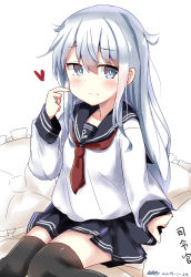 Rule 34 | 1girl, absurdres, black sailor collar, black skirt, blue eyes, blush, brown thighhighs, closed mouth, commentary request, dated, dreamusun, frilled pillow, frills, hair between eyes, hand up, heart, hibiki (kancolle), highres, kantai collection, long hair, long sleeves, neckerchief, no headwear, pillow, pleated skirt, red neckerchief, sailor collar, school uniform, serafuku, shirt, silver hair, skirt, sleeves past wrists, solo, thighhighs, translation request, very long hair, white background, white shirt