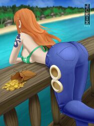Rule 34 | 1girl, against railing, artist logo, ass, bent over, bikini, bikini top only, blue pants, breasts, coin, day, denim, earrings, facing away, from behind, gold coin, highres, jckix, jeans, jewelry, large breasts, long hair, nami (one piece), ocean, one piece, orange hair, outdoors, pants, pearl earrings, pouch, railing, shoulder tattoo, solo, swimsuit, tattoo, wavy hair