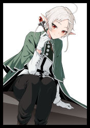 Rule 34 | 1girl, absurdres, ahoge, black border, black pants, border, capelet, chubb, cloak, closed mouth, elf, gloves, green capelet, green cloak, highres, holding, holding wand, jacket, looking at viewer, mushoku tensei, pants, parted bangs, pointy ears, red eyes, short hair, sitting, smile, solo, sylphiette (mushoku tensei), wand, white background, white gloves, white hair, white jacket