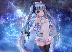 Rule 34 | 1girl, black thighhighs, blue eyes, blue hair, covered navel, dress, elbow gloves, gloves, hatsune miku, highres, long hair, smile, solo, thighhighs, twintails, twiska (doubitian), very long hair, vocaloid, white dress, white gloves
