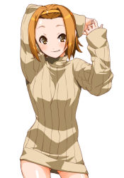 Rule 34 | 1girl, brown eyes, brown hair, grin, hairband, highres, k-on!, naked sweater, ribbed sweater, shinama, short hair, simple background, smile, solo, sweater, tainaka ritsu, turtleneck, white background
