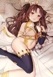 Rule 34 | 1girl, :o, artist name, black thighhighs, blush, breasts, brown hair, earrings, fate/grand order, fate (series), gio (maroon0924), hand up, hoop earrings, ishtar (fate), jewelry, lying, navel, on back, open mouth, parted bangs, pillow, red eyes, single thighhigh, small breasts, solo, thighhighs, thighs, tohsaka rin, two side up