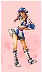 Rule 34 | 1girl, ai (snk), bangle, baseball cap, baseball uniform, belt, blue eyes, boots, bracelet, brown hair, cross-laced footwear, dress, female focus, full body, gloves, hat, high heel boots, high heels, highres, jewelry, knee boots, lace-up boots, looking to the side, neo geo battle coliseum, neo geo pocket color, shoes, short dress, short shorts, short twintails, shorts, smile, snk, solo, sportswear, standing, twintails, white footwear