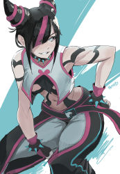 Rule 34 | 1girl, :d, absurdres, black gloves, black hair, blunt bangs, bracelet, breasts, chaps, choker, cropped vest, fingerless gloves, gloves, hair horns, hair over one eye, han juri, hand on own hip, highres, jewelry, looking to the side, medium breasts, multicolored hair, navel, nimbos12, open mouth, pants, pink eyes, sidelocks, signature, sleeveless, smile, solo, spiked bracelet, spiked choker, spikes, streaked hair, street fighter, street fighter 6, teeth, vest, white pants, white vest