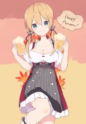 Rule 34 | 10s, 1girl, alcohol, beer, blonde hair, breasts, dirndl, english text, european clothes, female focus, german clothes, germany, kantai collection, large breasts, long hair, oktoberfest, prinz eugen (kancolle), smile, solo, speech bubble, twintails, underbust, wagi (wagi26)