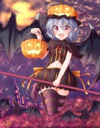 Rule 34 | 1girl, bat (animal), black shirt, black skirt, black thighhighs, blue hair, capelet, commentary request, demon wings, fang, flying, full body, fur trim, hair between eyes, halloween, jack-o&#039;-lantern, jewelry, meuneyu, moon, multicolored clothes, multicolored legwear, navel, open mouth, palace, pendant, pointy ears, pumpkin hat, purple footwear, purple thighhighs, red eyes, remilia scarlet, shirt, shoes, signature, skirt, sleeveless, smile, solo, sparkle, staff, striped clothes, striped thighhighs, thighhighs, touhou, winged hat, wings