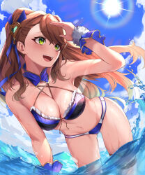 Rule 34 | 1girl, absurdres, beatrix (granblue fantasy), beatrix (summer) (granblue fantasy), bikini, blush, breasts, brown hair, cleavage, cloud, frilled bikini, frills, granblue fantasy, green eyes, hair ornament, highres, hinataa, large breasts, long hair, navel, ocean, official alternate costume, open mouth, ponytail, sky, smile, solo, swimsuit