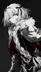 Rule 34 | 1boy, astolfo (fate), braid, cape, fate/apocrypha, fate (series), grey background, hair between eyes, hair intakes, hair ribbon, male focus, monochrome, muted color, ribbon, simple background, single braid, solo, standing, zmore