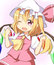 Rule 34 | 1girl, :d, ascot, blonde hair, blush, fang, fist pump, flandre scarlet, hat, long hair, mob cap, nitizyo, one eye closed, open mouth, pink eyes, puffy short sleeves, puffy sleeves, short sleeves, side ponytail, skirt, skirt set, smile, solo, touhou, vest, white hat, wings