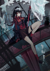 Rule 34 | 1girl, absurdres, animal ears, arknights, belt, black hair, breasts, gloves, highres, holding, holding weapon, long hair, looking at viewer, natsuba002, necktie, off shoulder, red eyes, red gloves, red legwear, shorts, sitting, texas (arknights), texas (winter messenger) (arknights), weapon, wolf ears