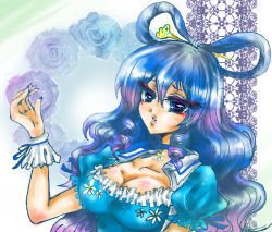 Rule 34 | 1girl, amaya minchi, blue dress, blue eyes, blue hair, breasts, choker, cleavage, collarbone, dress, eyelashes, floral background, flower, hair ornament, hair rings, hair stick, highres, kaku seiga, large breasts, long hair, looking at viewer, matching hair/eyes, puffy sleeves, rose, solo, sparkle, touhou, upper body, wrist cuffs