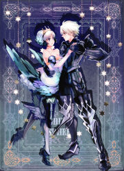 Rule 34 | 1boy, 1girl, arm warmers, armor, armored dress, bare shoulders, bishounen, blue eyes, choker, copyright name, couple, crown, eye contact, full armor, full body, gloves, gradient background, greaves, gwendolyn (odin sphere), hetero, holding hands, leg wings, looking at another, low wings, odin sphere, oswald, short hair, shutsuri, skirt, smile, standing, white hair, wings
