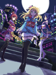 Rule 34 | 3girls, angelic angel, ayase eli, black footwear, blonde hair, blue hair, boots, braid, brown eyes, crossed arms, double bun, hand fan, floating hair, flower, from below, full body, full moon, green eyes, hair ornament, high heel boots, high heels, highres, holding, holding fan, japanese clothes, kimono, long hair, looking at viewer, love live!, love live! school idol project, miniskirt, moon, multiple girls, night, nishikino maki, obi, outdoors, parted lips, pleated skirt, red flower, red hair, sash, short hair, short kimono, sidelocks, single braid, sketch, skirt, smile, sonoda umi, stairs, standing, thigh boots, thighhighs, white footwear, white skirt