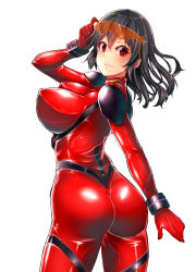Rule 34 | 1girl, ass, bad id, bad pixiv id, black hair, bodysuit, breasts, covered erect nipples, goggles, highres, large breasts, long hair, looking at viewer, looking back, mikan (chipstar182), parted lips, red eyes, simple background, skin tight, smile, solo, thighs, white background