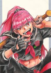 Rule 34 | 1girl, abs, absurdres, baseball bat, fangs, fingerless gloves, flower, gloves, highres, hololive, hololive english, looking at viewer, midriff, mori calliope, pink hair, ponytail, red eyes, rose, ryuuen tanaka, school uniform, signature, single glove, tongue, tongue out, virtual youtuber