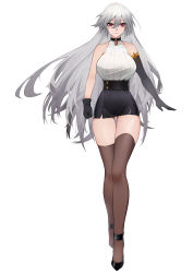 Rule 34 | 1girl, absurdres, asymmetrical gloves, bare shoulders, black footwear, black skirt, breasts, choker, full body, gloves, grey hair, hair between eyes, highres, jewelry, large breasts, long hair, mismatched gloves, original, pencil skirt, pendant, red eyes, shirt, skirt, solo, thighhighs, tsumiki (12756023), uneven gloves, white background, white shirt