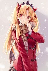 Rule 34 | 1girl, blonde hair, blush, bow, brown scarf, coat, commentary request, duffel coat, ereshkigal (fate), fate/grand order, fate (series), fringe trim, grey skirt, grin, hair between eyes, hair bow, hand up, head tilt, highres, holding, holding hair, long hair, long sleeves, looking at viewer, parted bangs, plaid, plaid scarf, plaid skirt, pleated skirt, red bow, red coat, red eyes, scarf, sidelocks, skirt, smile, solo, tiara, two side up, very long hair, yuya (night lily)