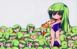 Rule 34 | 00s, 6+girls, c.c., chibi, clone, code geass, food, green hair, long hair, multiple girls, one-piece swimsuit, pizza, pizza slice, swimsuit