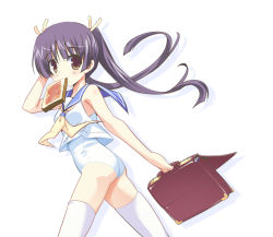 Rule 34 | 1girl, blush, bread slice, briefcase, food, food in mouth, long hair, mouth hold, one-piece swimsuit, ouhashi, purple hair, school briefcase, school uniform, simple background, smile, solo, swimsuit, swimsuit under clothes, thighhighs, toast, toast in mouth, twintails, white background, white one-piece swimsuit, white thighhighs