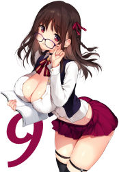Rule 34 | 1girl, breasts, brown hair, cleavage, commentary request, cowboy shot, glasses, hair ribbon, large breasts, leaning forward, long hair, long sleeves, looking at viewer, mataro (matarou), original, pleated, pleated skirt, red eyes, red ribbon, red skirt, ribbon, shirt, skirt, solo, standing, thighhighs, white background, white shirt, zettai ryouiki