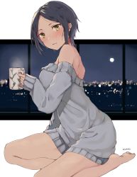 Rule 34 | 10s, 1girl, artist name, bad id, bad pixiv id, bare legs, bare shoulders, barefoot, blue hair, blush, breasts, city lights, cityscape, coffee cup, cup, disposable cup, full moon, hayami kanade, highres, holding, holding cup, idolmaster, idolmaster cinderella girls, indoors, lights, long sleeves, looking at viewer, moon, moonlight, night, night sky, no pants, off-shoulder, off-shoulder sweater, off shoulder, outside border, parted bangs, seiza, short hair, signature, simple background, sitting, sky, sleeves past wrists, smile, soles, solo, steam, sweater, toes, tsurime, uni (melm), white background, window, yellow eyes