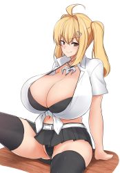 Rule 34 | 1girl, ahoge, belt, black bra, black panties, black skirt, black thighhighs, blonde hair, borrowed character, bra, breasts, chain, chain necklace, cleavage, commentary request, feet out of frame, front-tie top, gloves, hair ornament, hairclip, heart, heart hair ornament, highres, huge ahoge, huge breasts, jewelry, looking at viewer, medium hair, microskirt, miniskirt, nagisa otoha, navel, necklace, original, panties, pantyshot, saaya (kirome), sitting, skirt, skull necklace, smile, solo, strap gap, thick thighs, thighhighs, thighs, twintails, underwear, virtual youtuber, white background