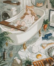 Rule 34 | 1girl, animal ears, bath, bathing, bathroom, bathtub, book, cat ears, cellphone, closed eyes, commentary, curtains, eokaku surimi, highres, indoors, long hair, mirror, nude, open book, original, partially submerged, phone, picture frame, plant, potted plant, shampoo bottle, sitting, slippers, smartphone, smile, solo, symbol-only commentary, tile floor, tile wall, tiles, washing machine, water