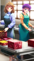 Rule 34 | 2girls, :d, apron, blue apron, blue sweater, brown hair, closed mouth, doukyuusei another world, green apron, holding, holding knife, indoors, kakyuusei, kitchen, knife, long hair, long sleeves, looking at viewer, midoritani maki, mochida mahoko, multiple girls, open mouth, purple hair, shirt, short hair, smile, striped clothes, striped shirt, sweater, turtleneck, turtleneck sweater, yellow eyes, yellow shirt