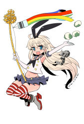 Rule 34 | 1girl, anchor hair ornament, black hairband, black neckerchief, black panties, blonde hair, blue eyes, blue sailor collar, blue skirt, crop top, elbow gloves, food, gloves, hair ornament, hairband, hekaton, highleg, highleg panties, kantai collection, long hair, looking at viewer, microskirt, miniskirt, mochi, neckerchief, panties, pennant, pleated skirt, sailor collar, shimakaze (kancolle), simple background, skirt, smile, solo, staff, striped clothes, striped thighhighs, thighhighs, underwear, white background, white gloves