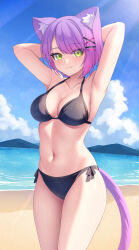 Rule 34 | 1girl, absurdres, animal ears, aoi zerii, armpits, arms behind head, arms up, beach, bikini, black bikini, blue sky, breasts, cat ears, cat girl, cat tail, cleavage, closed mouth, cloud, collarbone, day, green eyes, highres, hololive, large breasts, looking at viewer, navel, ocean, outdoors, purple hair, sand, short hair, sky, solo, stomach, swimsuit, tail, tokoyami towa, virtual youtuber