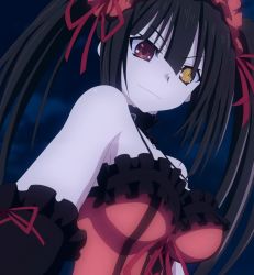 Rule 34 | 1girl, clock eyes, date a live, female focus, highres, long hair, looking at viewer, maid headdress, red eyes, screencap, solo, stitched, symbol-shaped pupils, third-party edit, tokisaki kurumi, very long hair