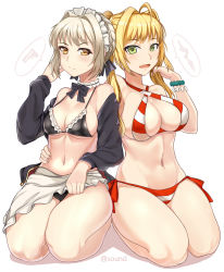 Rule 34 | 2girls, ahoge, artoria pendragon (all), artoria pendragon (alter swimsuit rider) (fate), artoria pendragon (alter swimsuit rider) (second ascension) (fate), artoria pendragon (fate), bikini, black bikini, black bow, blonde hair, bow, bracelet, breasts, choker, fate/grand order, fate (series), green eyes, halterneck, highres, jewelry, large breasts, long hair, looking at viewer, maid, maid bikini, maid headdress, medium breasts, multiple girls, navel, nero claudius (fate), nero claudius (fate) (all), nero claudius (swimsuit caster) (fate), saber alter, short hair, side-tie bikini bottom, simple background, sitting, sound tamashi, striped bikini, striped clothes, swimsuit, twintails, twitter username, unconventional maid, wariza, white background, yellow eyes