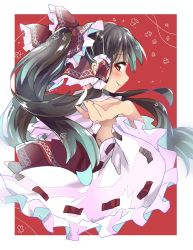 Rule 34 | 1girl, alternate hairstyle, armpits, bad id, bad pixiv id, black hair, blush, border, bow, commentary, commentary request, detached sleeves, floral background, frilled bow, frills, from behind, gradient hair, hair bow, hair tubes, hakurei reimu, highres, long hair, looking at viewer, mikama, multicolored hair, outside border, over shoulder, ponytail, red background, red bow, red eyes, red vest, smile, solo, touhou, upper body, vest