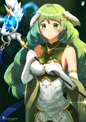 Rule 34 | 1girl, armor, artist name, breastplate, chinchongcha, closed mouth, dress, elbow gloves, fire emblem, fire emblem echoes: shadows of valentia, gloves, green eyes, green hair, hair ornament, highres, holding, holding staff, jewelry, long hair, necklace, nintendo, sleeveless, sleeveless dress, smile, solo, staff, tatiana (fire emblem), upper body, white gloves