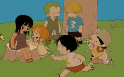 Rule 34 | 2girls, 5boys, aged down, antlers, bandaid, bandaid on cheek, bandaid on face, bare shoulders, black hair, blonde hair, blue shirt, book, brown dress, brown fur, bug, butterfly, carrying, carrying under arm, child, closed mouth, dress, full body, grass, green dress, green hair, hair over one eye, holding, holding book, horns, insect, kneeling, looking at another, monkey d. luffy, multiple boys, multiple girls, nami (one piece), nico robin, numata (oioioioiai), one piece, open mouth, orange hair, outdoors, red shorts, reindeer antlers, roronoa zoro, running, sandals, sanji (one piece), serious, shirt, short hair, shorts, single sidelock, sitting, smile, standing, straw hat pirates, tony tony chopper, tree, under tree, usopp, white shirt